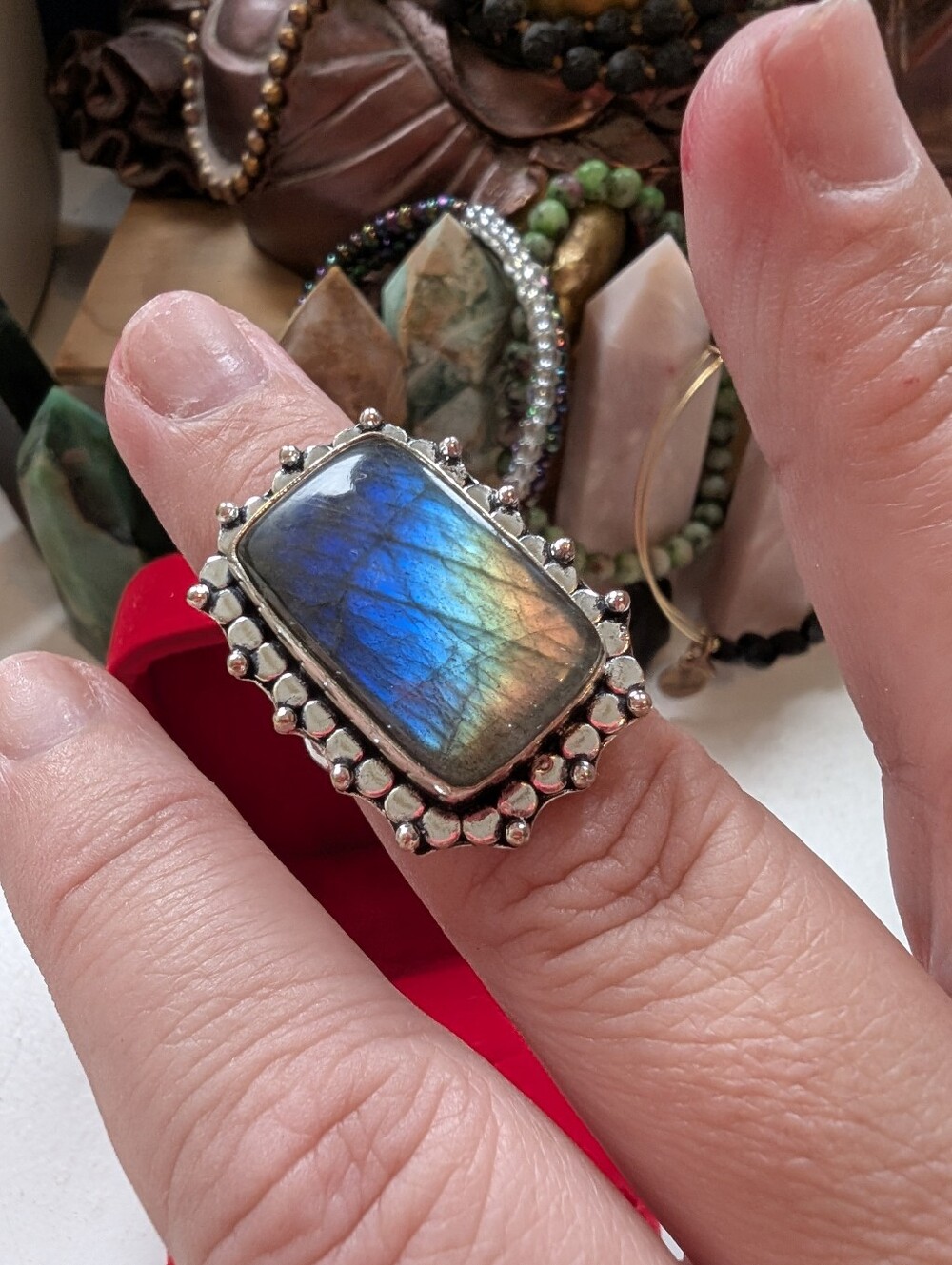 Sterling Silver Blue-Green Flash Labradorite Statement Ring Size 8.75
